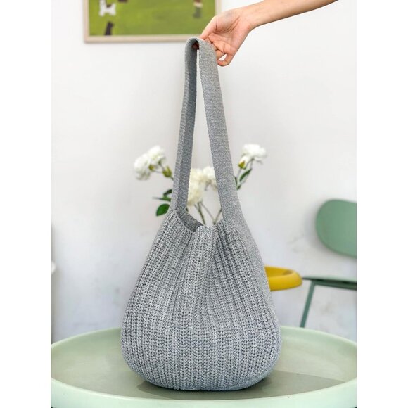 Women's Grey Shoulder Handbags Crocheted Bags Large Knit Bag Tote Bag - Picture 5 of 9